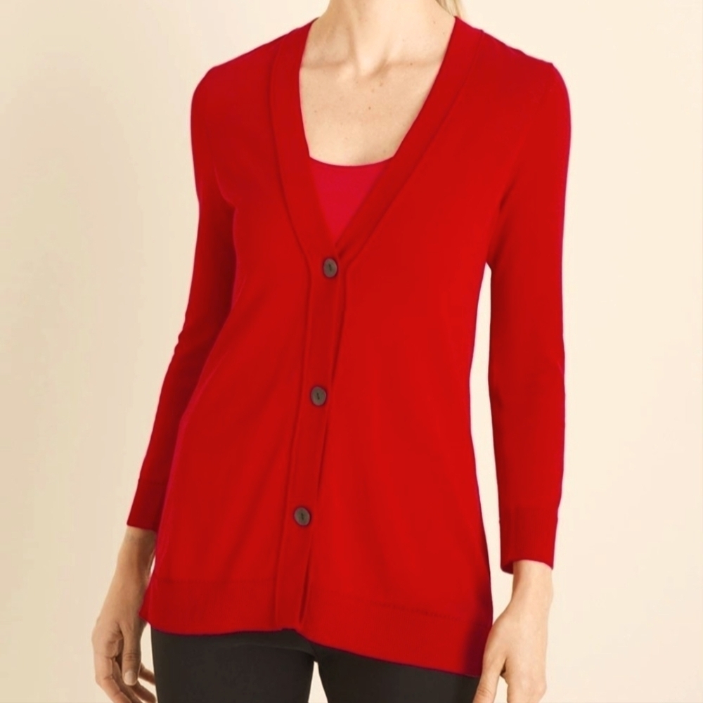 Chico's Three Button Cardigan Sweater Office Career Layering Red Razberry L